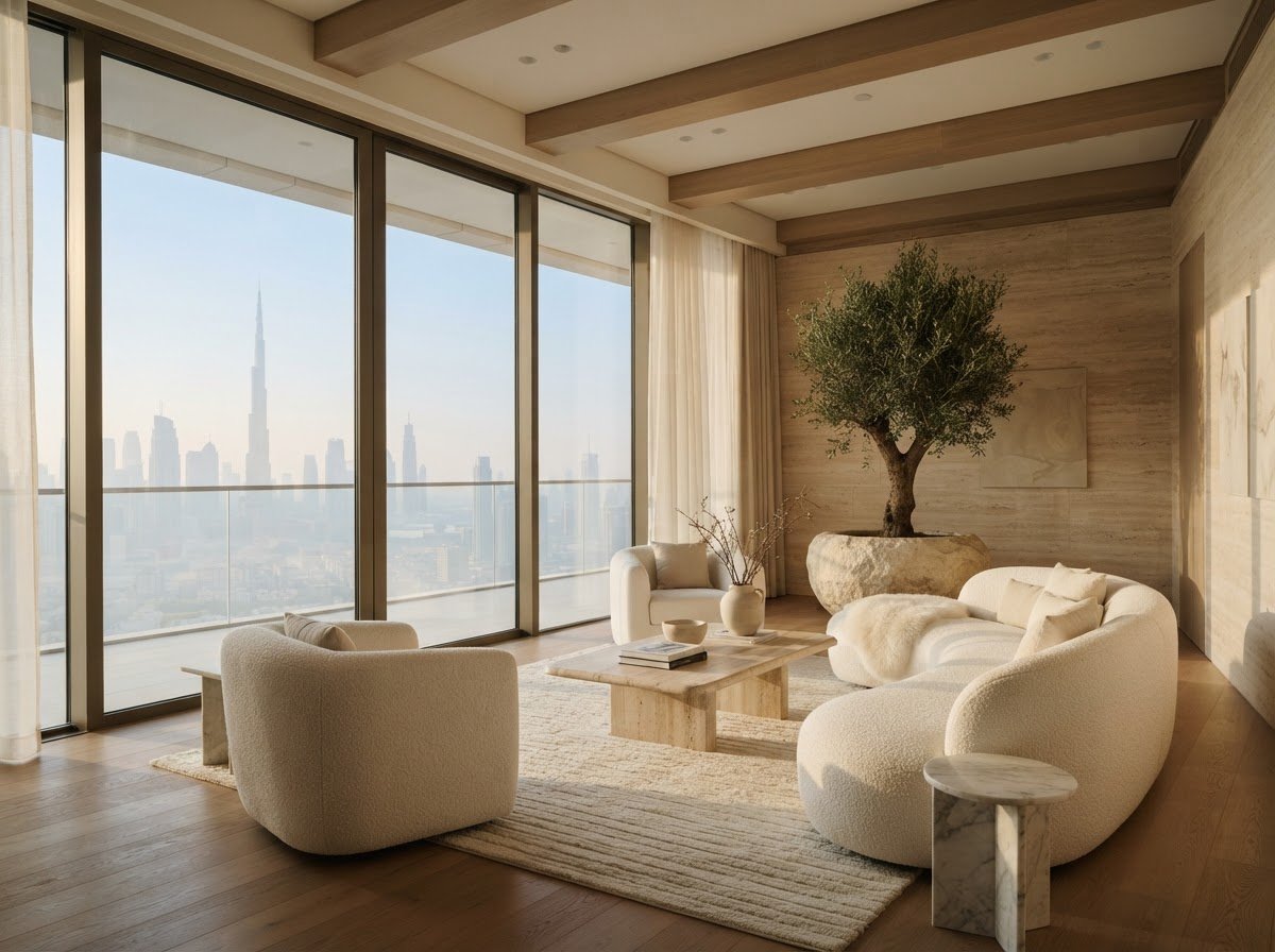 Calm penthouse interior with panoramic Dubai skyline view