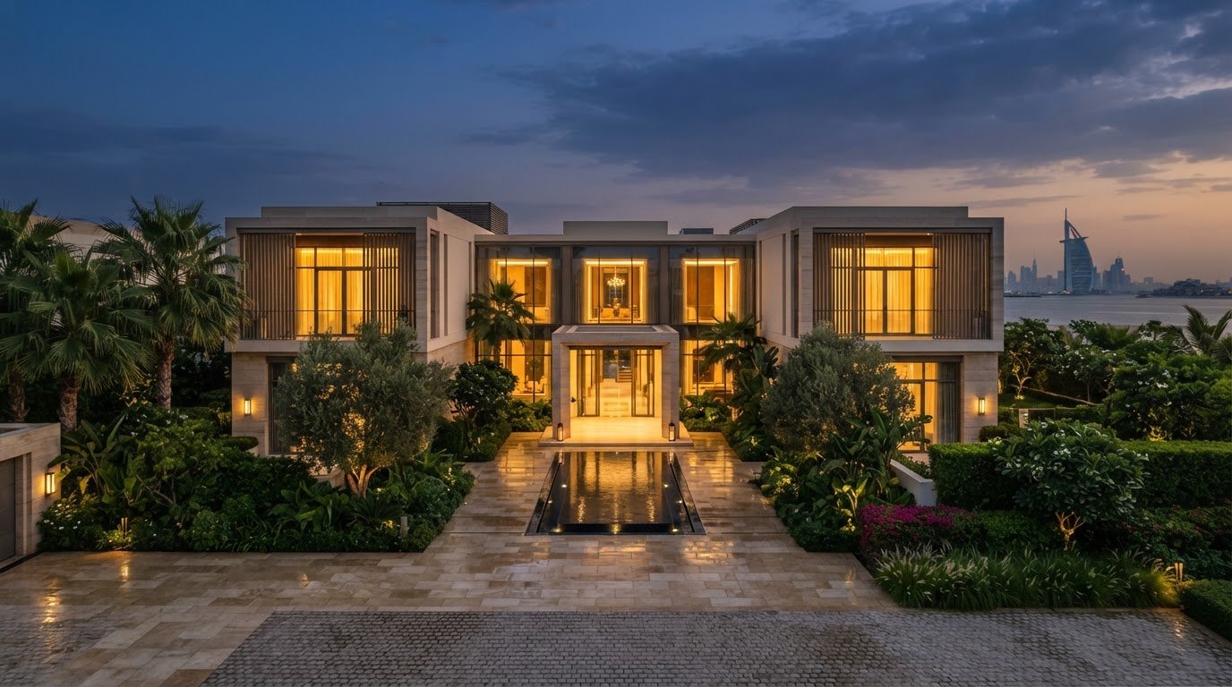 Elegant modern villa exterior in Jumeirah at dusk