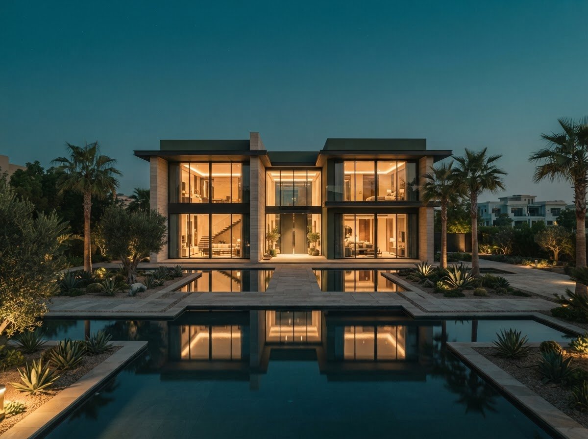 Minimalist modern villa exterior at dusk in a Dubai gated community
